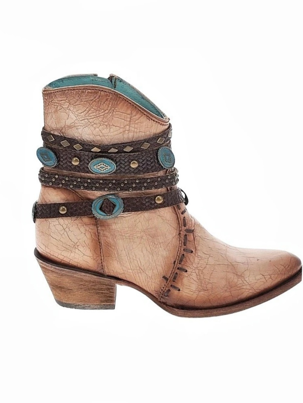 Corral Women's Leather Turquoise Embroidery, Conchos and Harness Ankle Boot
